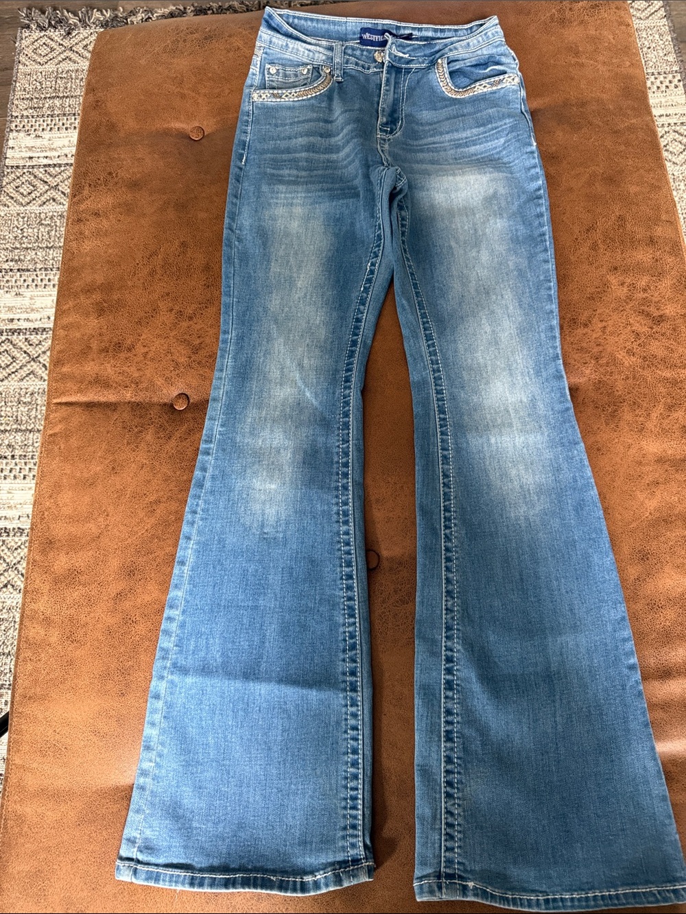 Women's Medium Blue Flare Jeans with Embellished Pocket